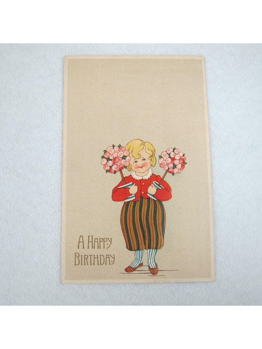 Antique 1910 Happy Birthday Postcard Child Holds Flower Bouquet Topiary Germany